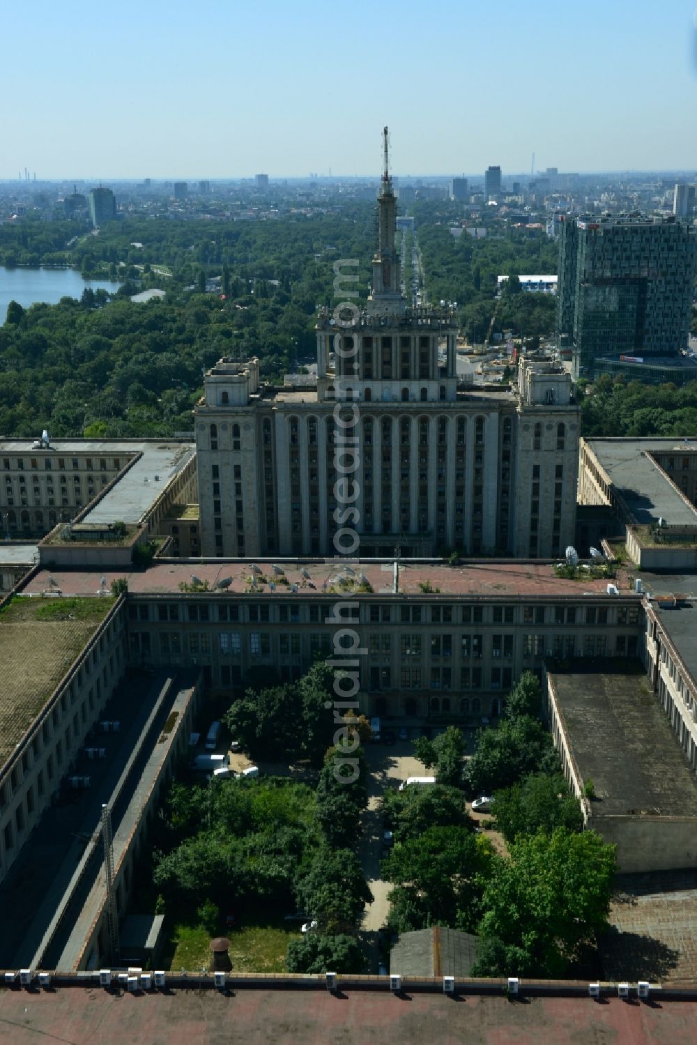 Bukarest from the bird's eye view: View of the office and commercial building complex House of Free Press in Bucharest, Romania. The Casa Presei Libere is built in real-socialist, Stalinist embossed power architecture