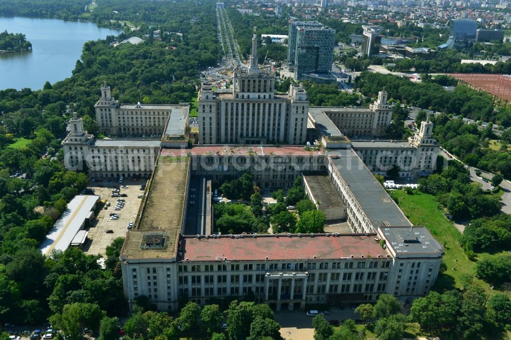 Aerial image Bukarest - View of the office and commercial building complex House of Free Press in Bucharest, Romania. The Casa Presei Libere is built in real-socialist, Stalinist embossed power architecture