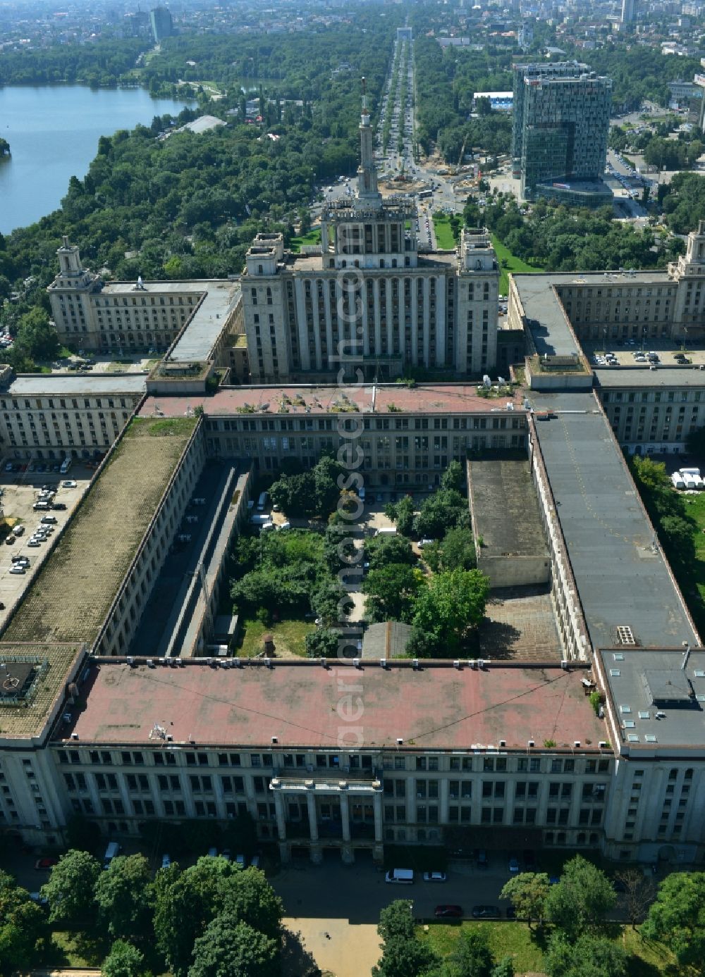 Aerial photograph Bukarest - View of the office and commercial building complex House of Free Press in Bucharest, Romania. The Casa Presei Libere is built in real-socialist, Stalinist embossed power architecture