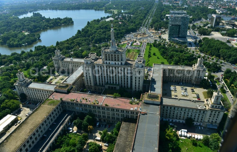 Bukarest from above - View of the office and commercial building complex House of Free Press in Bucharest, Romania. The Casa Presei Libere is built in real-socialist, Stalinist embossed power architecture