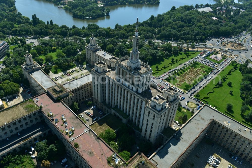 Bukarest from the bird's eye view: View of the office and commercial building complex House of Free Press in Bucharest, Romania. The Casa Presei Libere is built in real-socialist, Stalinist embossed power architecture