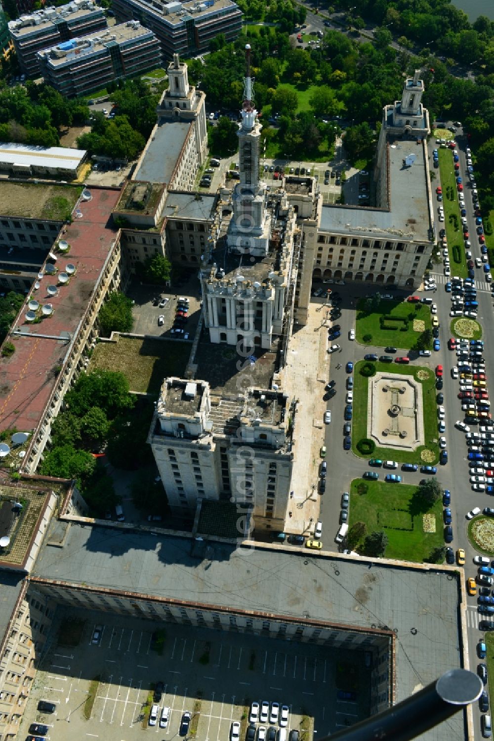 Aerial photograph Bukarest - View of the office and commercial building complex House of Free Press in Bucharest, Romania. The Casa Presei Libere is built in real-socialist, Stalinist embossed power architecture