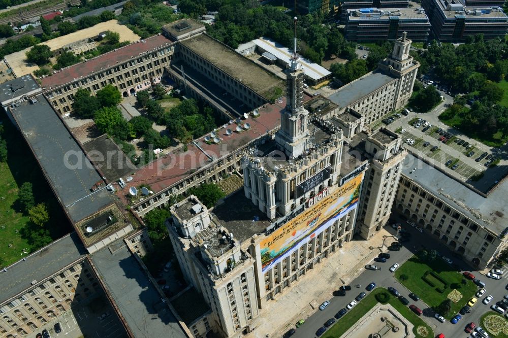 Bukarest from above - View of the office and commercial building complex House of Free Press in Bucharest, Romania. The Casa Presei Libere is built in real-socialist, Stalinist embossed power architecture