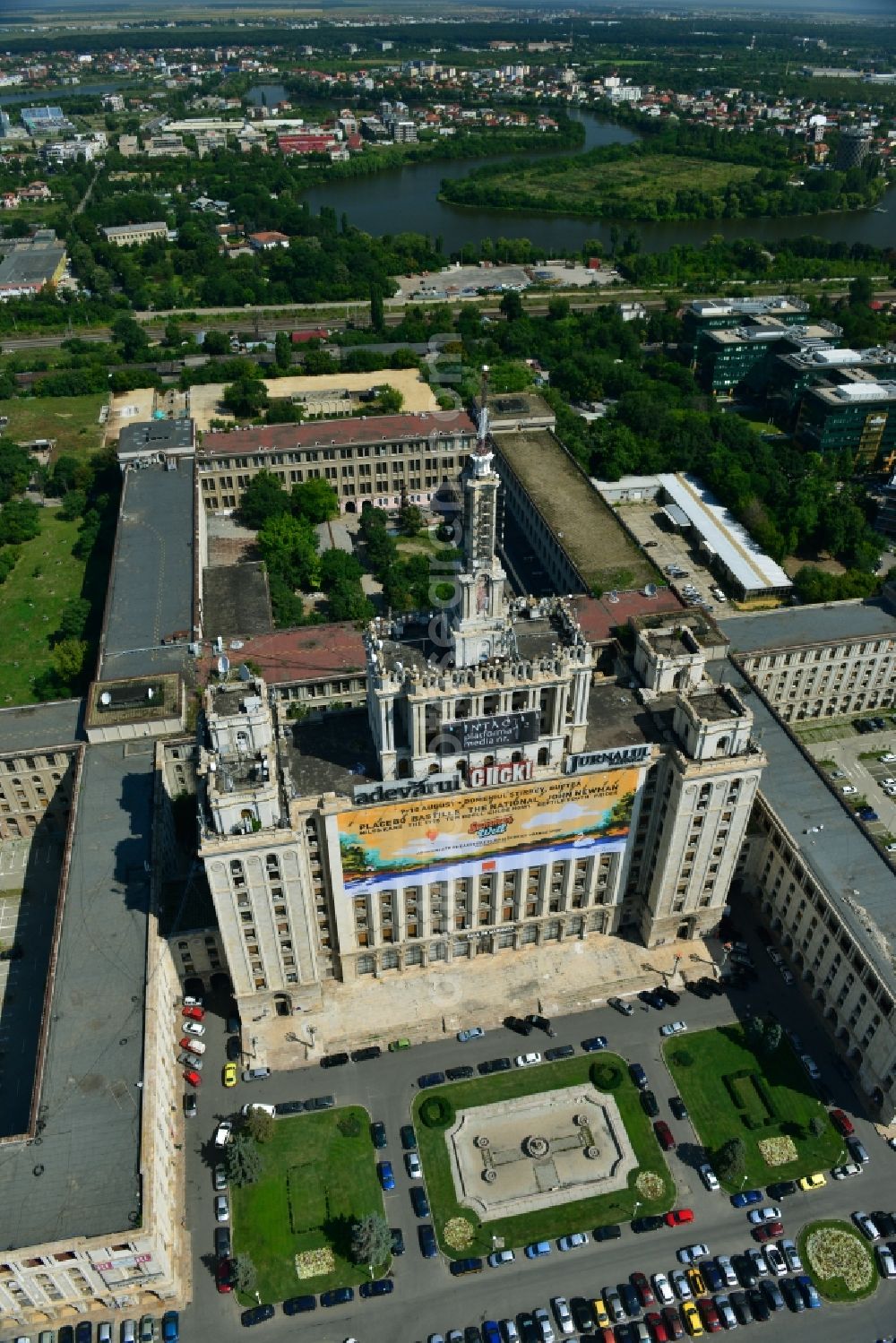 Bukarest from the bird's eye view: View of the office and commercial building complex House of Free Press in Bucharest, Romania. The Casa Presei Libere is built in real-socialist, Stalinist embossed power architecture