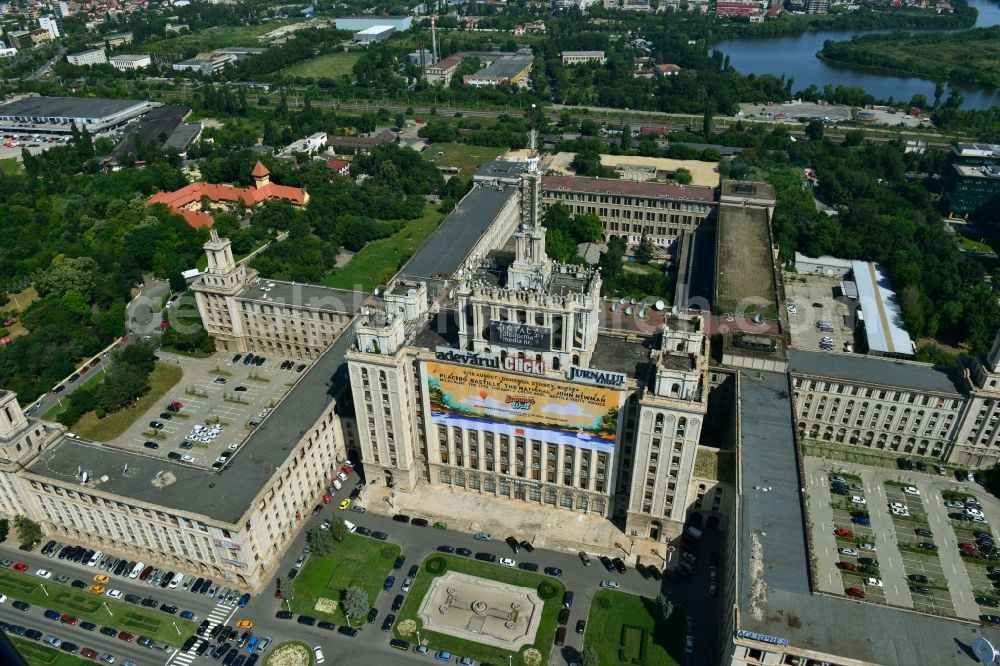 Aerial image Bukarest - View of the office and commercial building complex House of Free Press in Bucharest, Romania. The Casa Presei Libere is built in real-socialist, Stalinist embossed power architecture