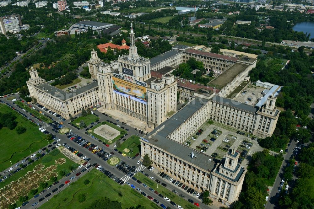 Aerial photograph Bukarest - View of the office and commercial building complex House of Free Press in Bucharest, Romania. The Casa Presei Libere is built in real-socialist, Stalinist embossed power architecture