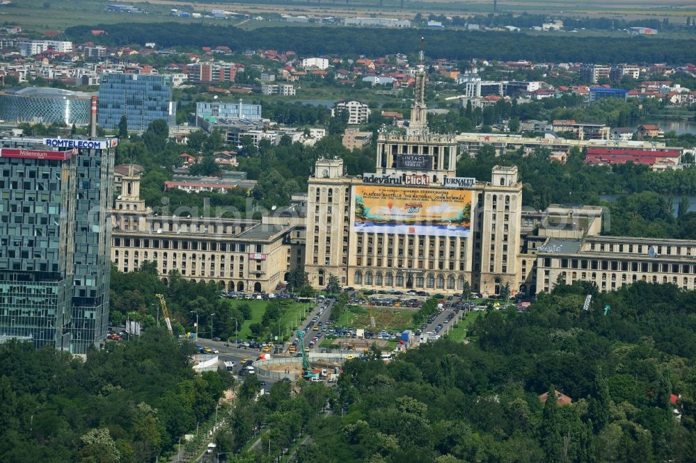 Bukarest from above - View of the office and commercial building complex House of Free Press in Bucharest, Romania. The Casa Presei Libere is built in real-socialist, Stalinist embossed power architecture