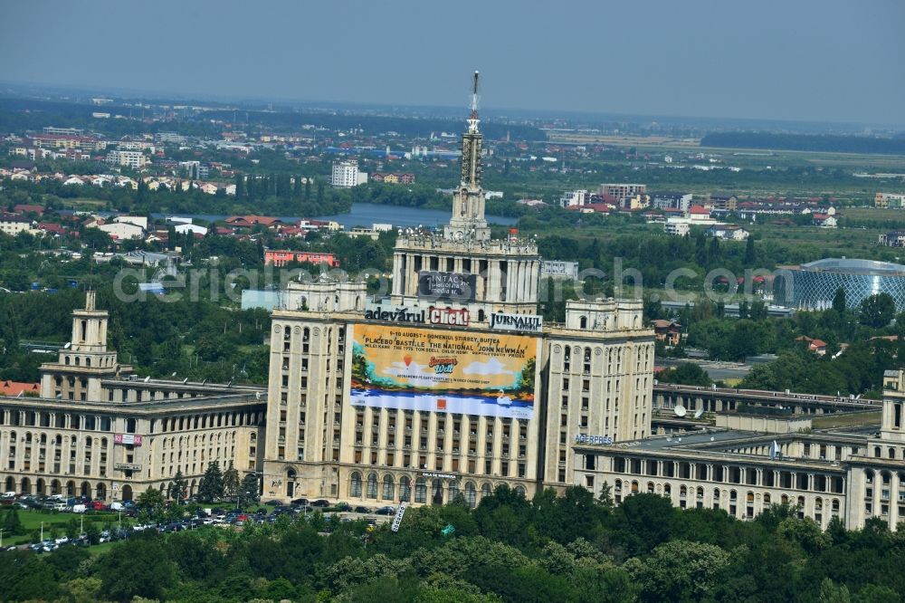 Bukarest from the bird's eye view: View of the office and commercial building complex House of Free Press in Bucharest, Romania. The Casa Presei Libere is built in real-socialist, Stalinist embossed power architecture