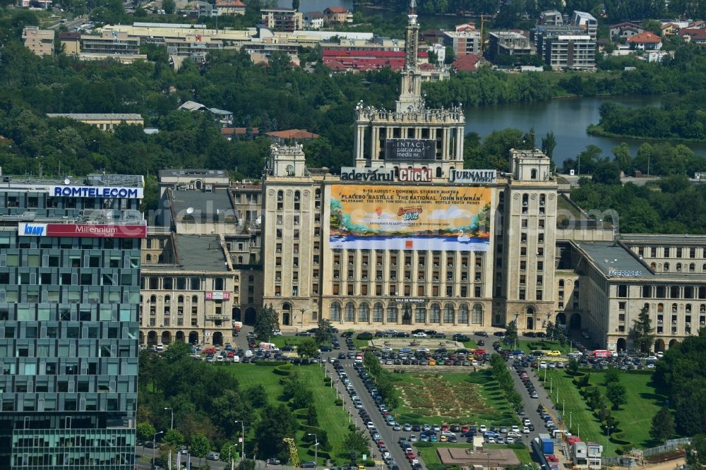 Aerial image Bukarest - View of the office and commercial building complex House of Free Press in Bucharest, Romania. The Casa Presei Libere is built in real-socialist, Stalinist embossed power architecture