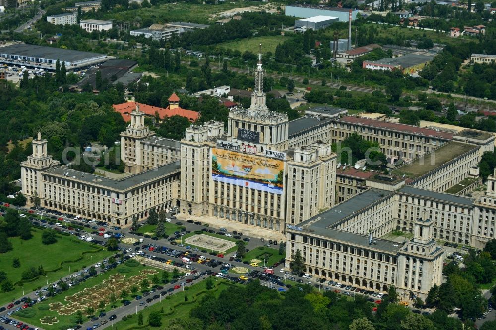 Aerial photograph Bukarest - View of the office and commercial building complex House of Free Press in Bucharest, Romania. The Casa Presei Libere is built in real-socialist, Stalinist embossed power architecture