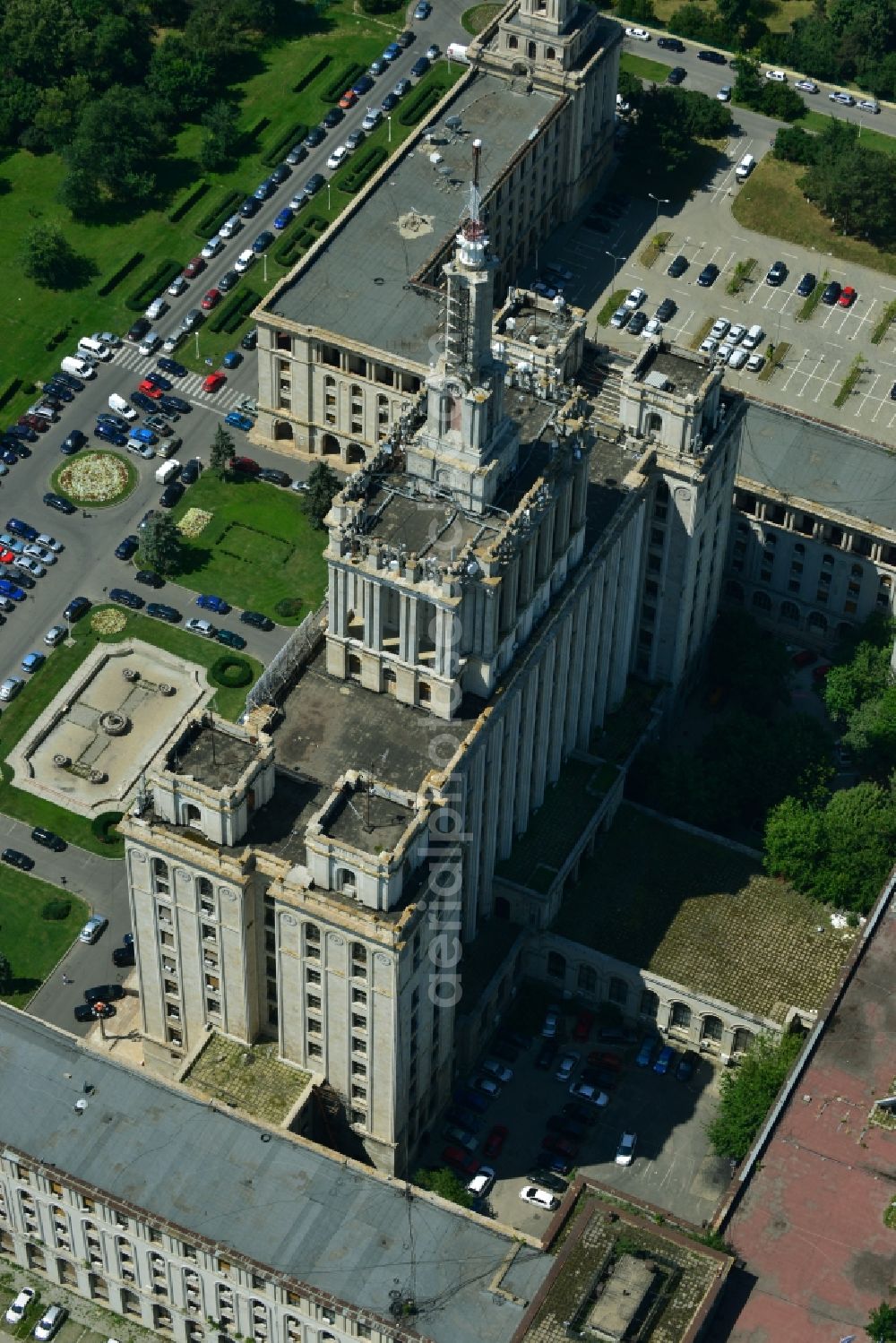 Aerial image Bukarest - View of the office and commercial building complex House of Free Press in Bucharest, Romania. The Casa Presei Libere is built in real-socialist, Stalinist embossed power architecture