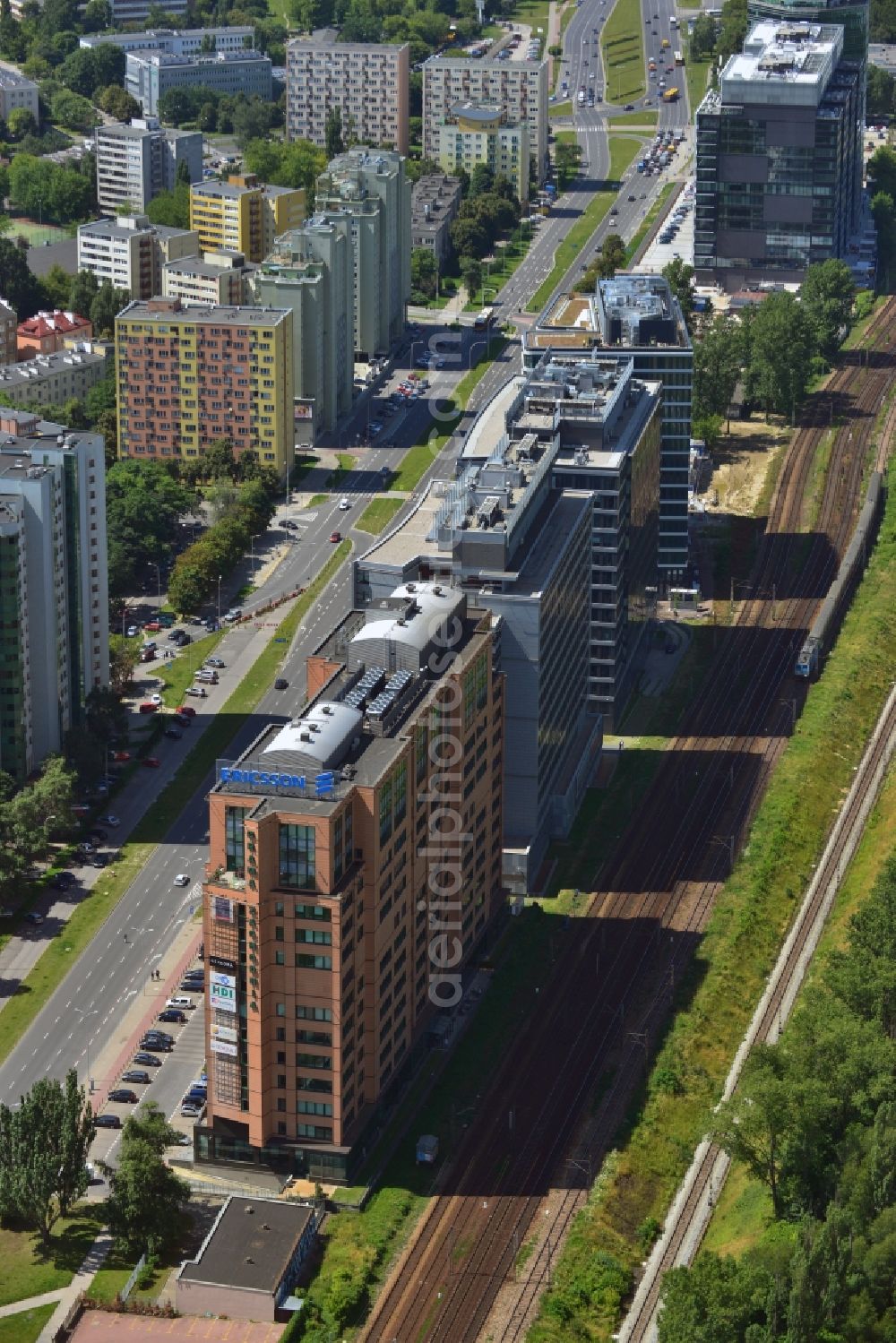 Warschau Ochota from above - Office and Commercial Building Nimbus , Equator und Brama Zachodnia operated by IMMOFINANZ AG in Mokotov district of Warsaw in Poland