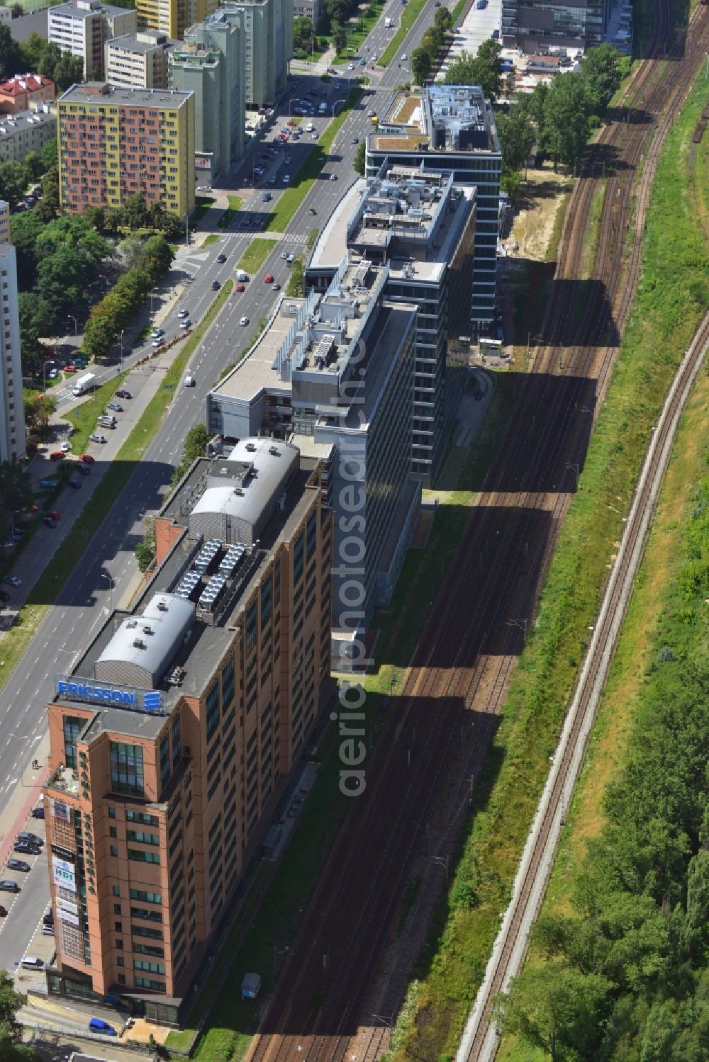 Warschau Ochota from above - Office and Commercial Building Nimbus , Equator und Brama Zachodnia operated by IMMOFINANZ AG in Mokotov district of Warsaw in Poland