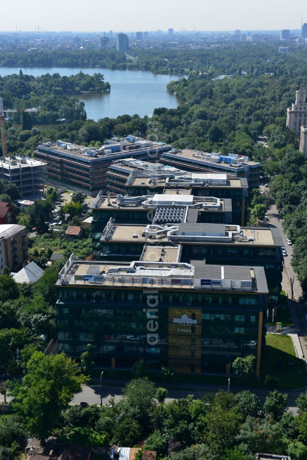 Aerial image Bukarest - View of the office and commercial building complex S-Park in Bucharest, Romania. The property on the Tipografilor Street is a project of IMMOFINANZ AG