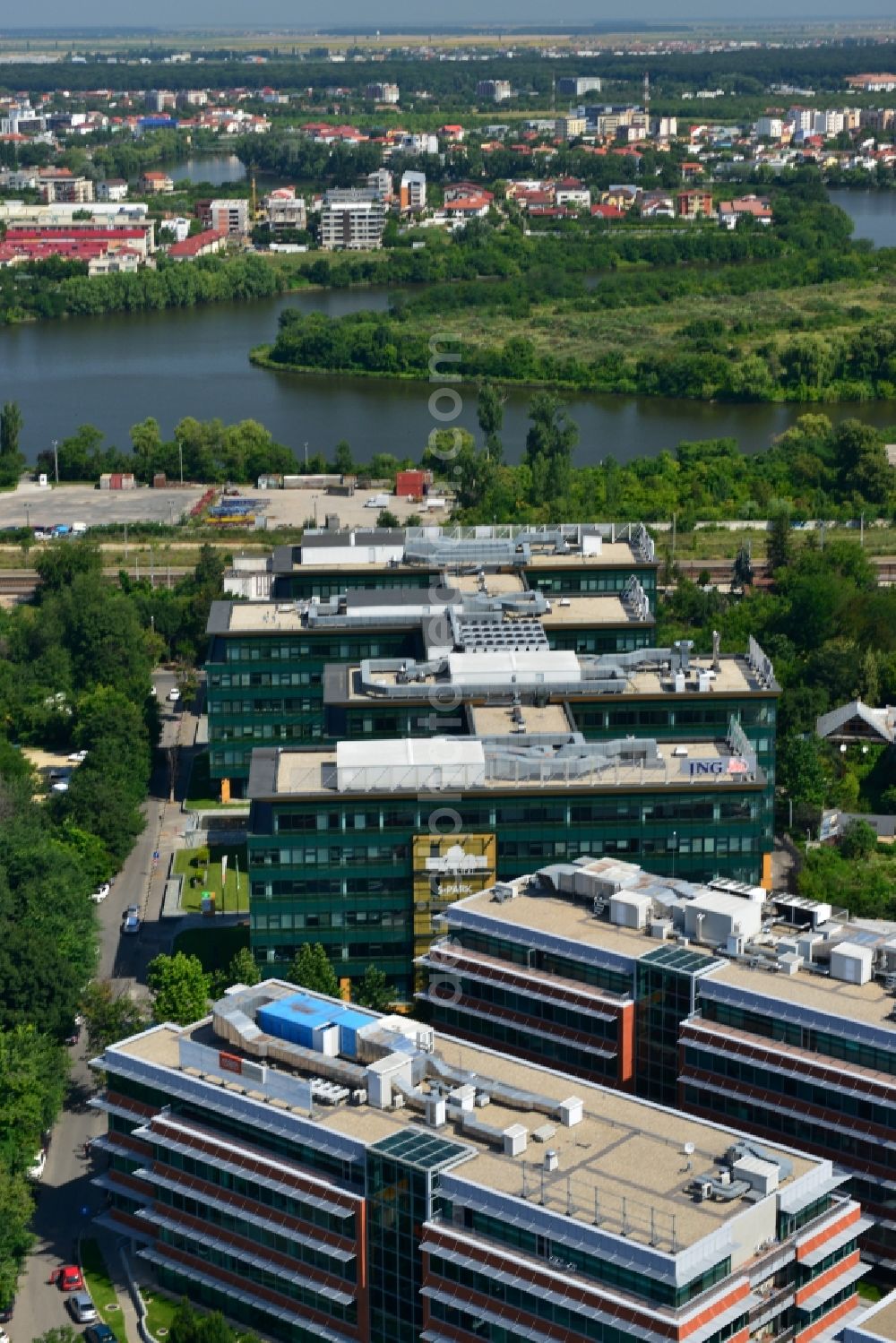 Aerial photograph Bukarest - View of the office and commercial building complex S-Park in Bucharest, Romania. The property on the Tipografilor Street is a project of IMMOFINANZ AG