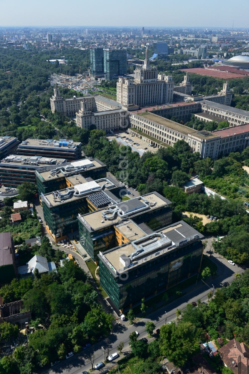 Aerial photograph Bukarest - View of the office and commercial building complex S-Park in Bucharest, Romania. The property on the Tipografilor Street is a project of IMMOFINANZ AG