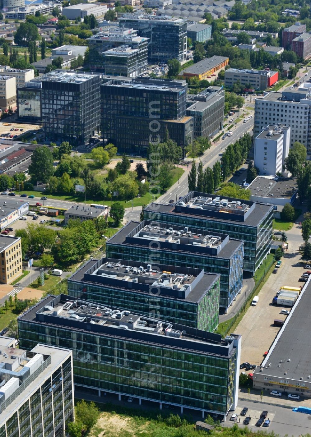 Warschau Mokotow from the bird's eye view: Office and Commercial Building Park Postepu operated by IMMOFINANZ AG in Mokotov district of Warsaw in Poland