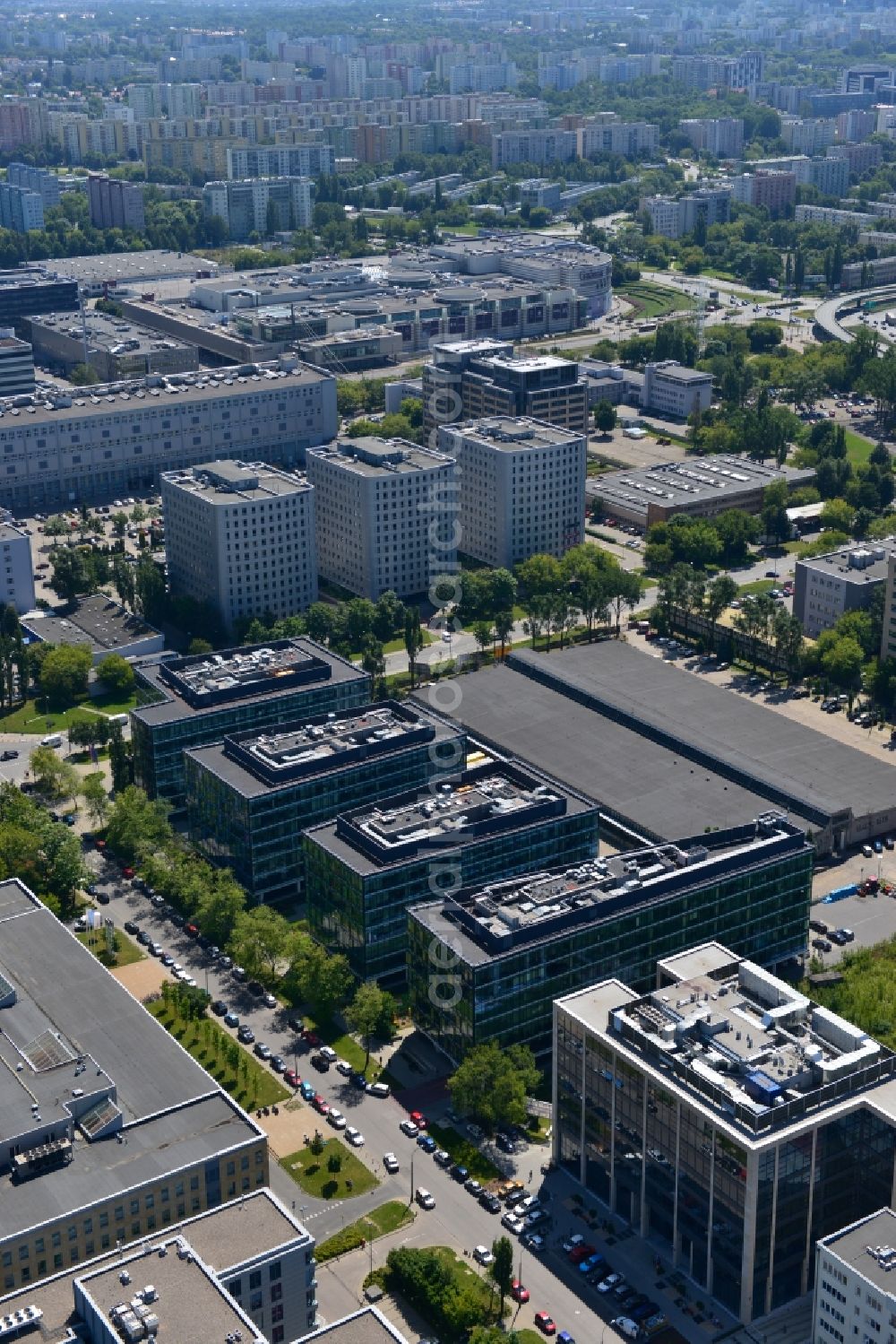 Warschau Mokotow from the bird's eye view: Office and Commercial Building Park Postepu operated by IMMOFINANZ AG in Mokotov district of Warsaw in Poland