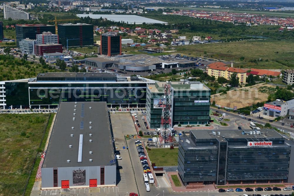 Bukarest from above - View of the office and commercial building complex Pipera 1-2 in Bucharest, Romania. The property on the street Pipera-Tunari Blvd. is a project of IMMOFINANZ AG. The company vodafone is anchor tenant