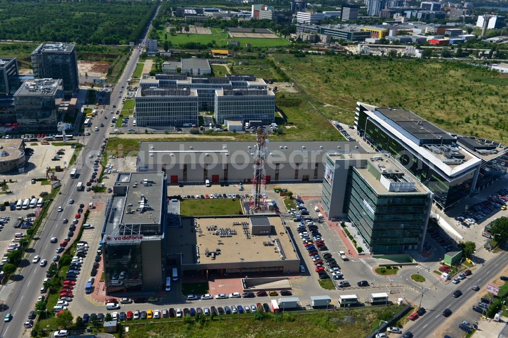 Bukarest from the bird's eye view: View of the office and commercial building complex Pipera 1-2 in Bucharest, Romania. The property on the street Pipera-Tunari Blvd. is a project of IMMOFINANZ AG. The company vodafone is anchor tenant