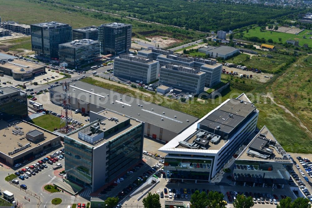 Aerial image Bukarest - View of the office and commercial building complex Pipera 1-2 in Bucharest, Romania. The property on the street Pipera-Tunari Blvd. is a project of IMMOFINANZ AG. The company vodafone is anchor tenant