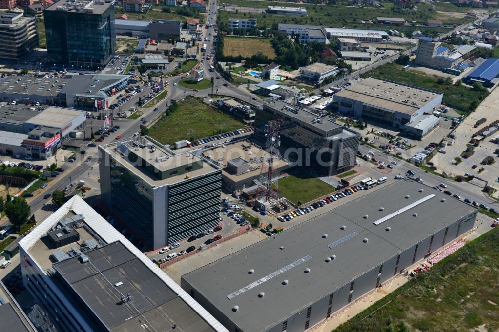 Bukarest from above - View of the office and commercial building complex Pipera 1-2 in Bucharest, Romania. The property on the street Pipera-Tunari Blvd. is a project of IMMOFINANZ AG. The company vodafone is anchor tenant