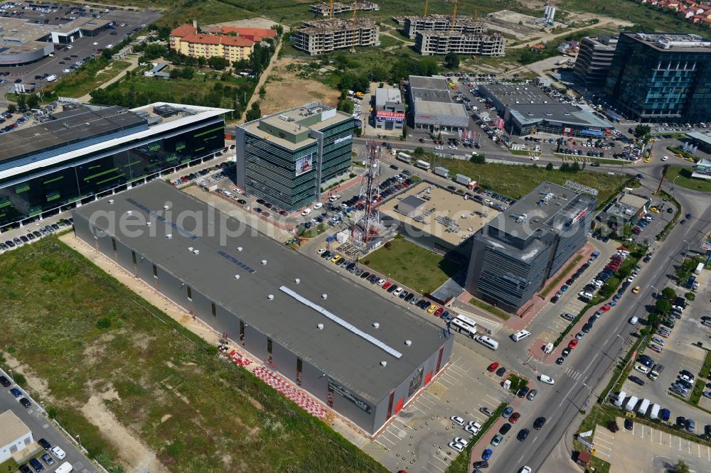 Aerial image Bukarest - View of the office and commercial building complex Pipera 1-2 in Bucharest, Romania. The property on the street Pipera-Tunari Blvd. is a project of IMMOFINANZ AG. The company vodafone is anchor tenant