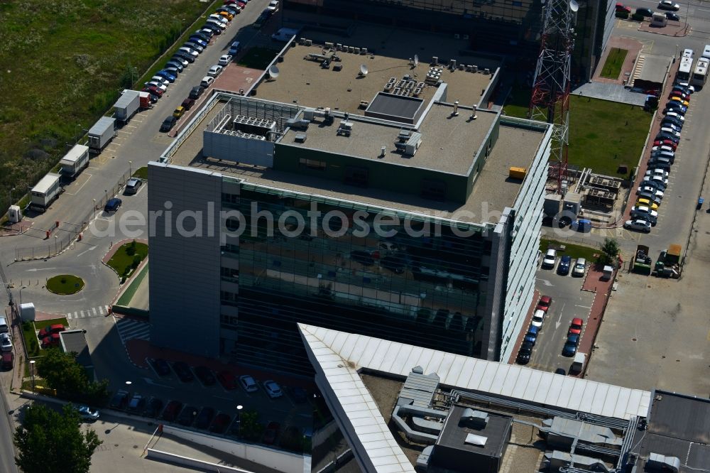 Aerial image Bukarest - View of the office and commercial building complex Pipera 1-2 in Bucharest, Romania. The property on the street Pipera-Tunari Blvd. is a project of IMMOFINANZ AG. The company vodafone is anchor tenant