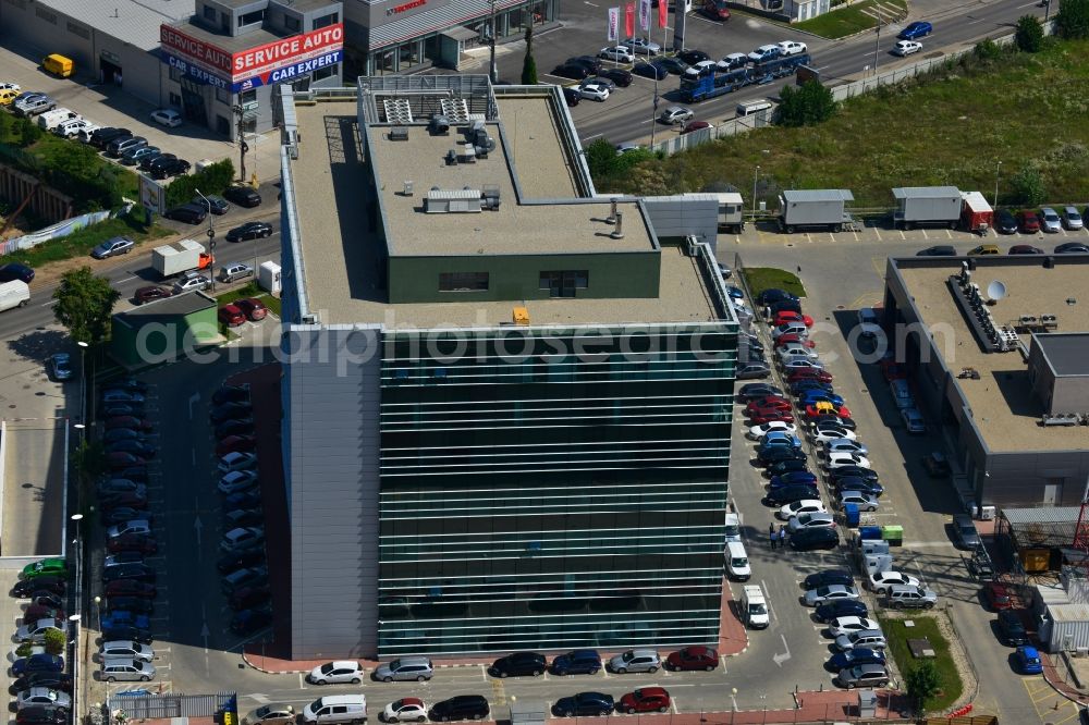 Bukarest from above - View of the office and commercial building complex Pipera 1-2 in Bucharest, Romania. The property on the street Pipera-Tunari Blvd. is a project of IMMOFINANZ AG. The company vodafone is anchor tenant