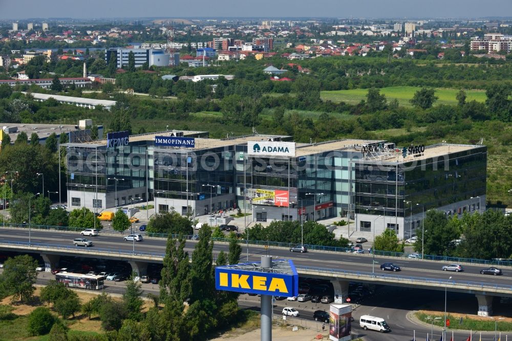 Aerial image Bukarest - View of the office and commercial building complex Victoria Business Park in Bucharest in Romania. It is anchored by the accounting firm KPMG. The property on the highway Bucuresti-Ploiesti soseaua is a project of IMMOFINANZ AG