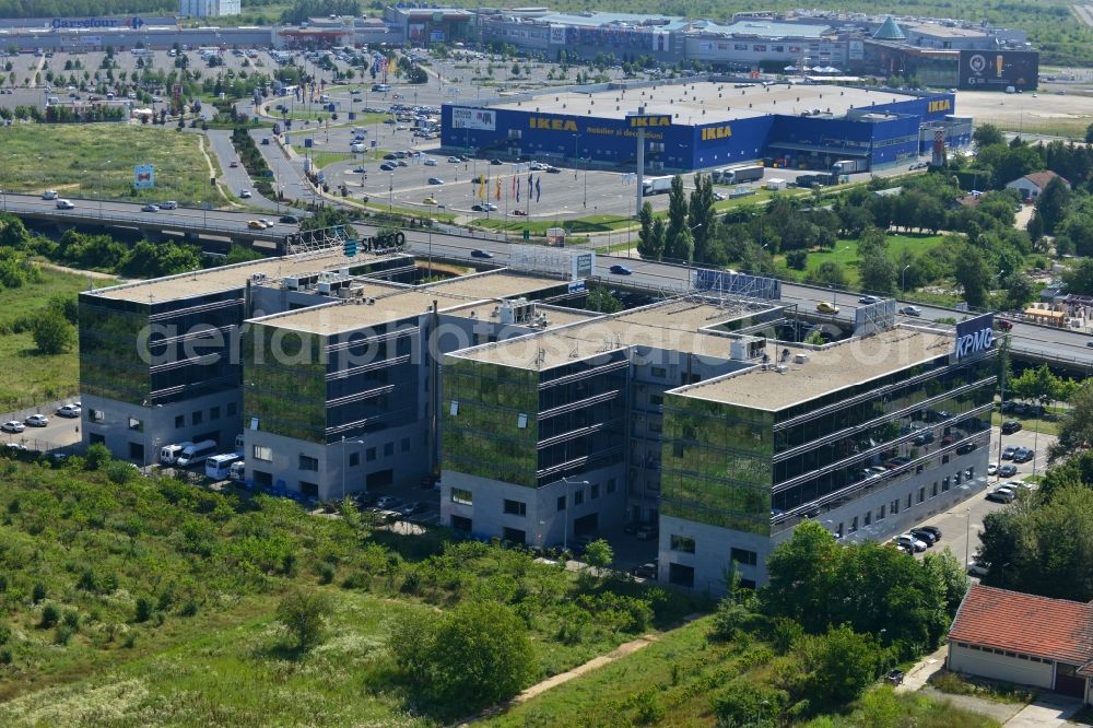 Aerial image Bukarest - View of the office and commercial building complex Victoria Business Park in Bucharest in Romania. It is anchored by the accounting firm KPMG. The property on the highway Bucuresti-Ploiesti soseaua is a project of IMMOFINANZ AG