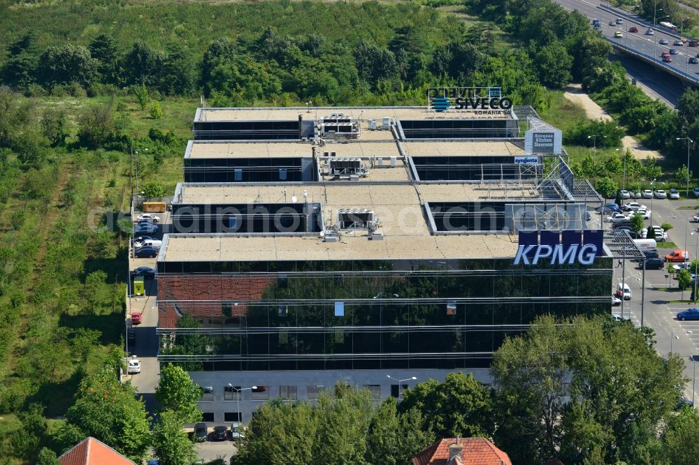 Bukarest from above - View of the office and commercial building complex Victoria Business Park in Bucharest in Romania. It is anchored by the accounting firm KPMG. The property on the highway Bucuresti-Ploiesti soseaua is a project of IMMOFINANZ AG