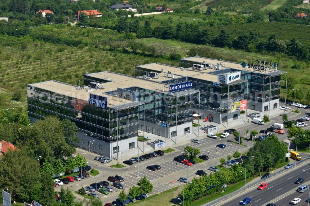 Aerial image Bukarest - View of the office and commercial building complex Victoria Business Park in Bucharest in Romania. It is anchored by the accounting firm KPMG. The property on the highway Bucuresti-Ploiesti soseaua is a project of IMMOFINANZ AG