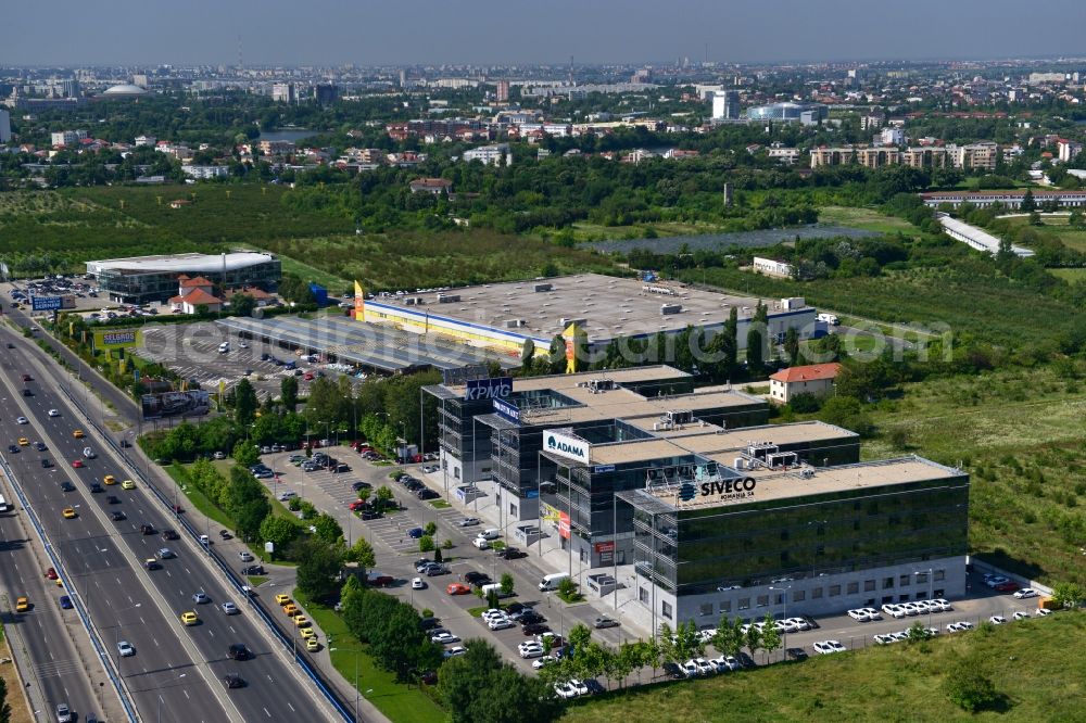 Bukarest from above - View of the office and commercial building complex Victoria Business Park in Bucharest in Romania. It is anchored by the accounting firm KPMG. The property on the highway Bucuresti-Ploiesti soseaua is a project of IMMOFINANZ AG