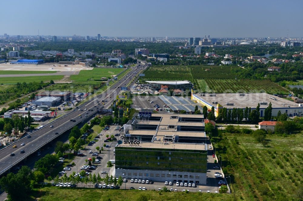 Bukarest from the bird's eye view: View of the office and commercial building complex Victoria Business Park in Bucharest in Romania. It is anchored by the accounting firm KPMG. The property on the highway Bucuresti-Ploiesti soseaua is a project of IMMOFINANZ AG