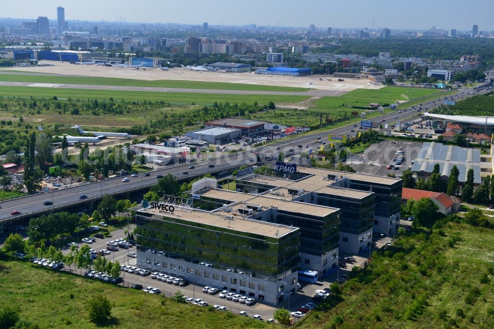 Aerial image Bukarest - View of the office and commercial building complex Victoria Business Park in Bucharest in Romania. It is anchored by the accounting firm KPMG. The property on the highway Bucuresti-Ploiesti soseaua is a project of IMMOFINANZ AG