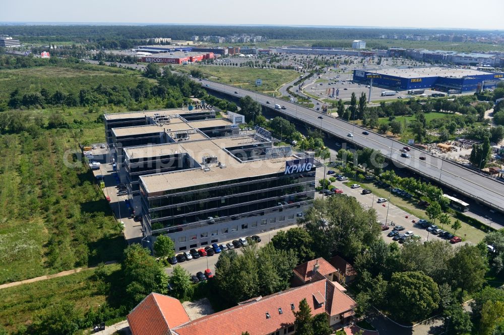 Aerial image Bukarest - View of the office and commercial building complex Victoria Business Park in Bucharest in Romania. It is anchored by the accounting firm KPMG. The property on the highway Bucuresti-Ploiesti soseaua is a project of IMMOFINANZ AG