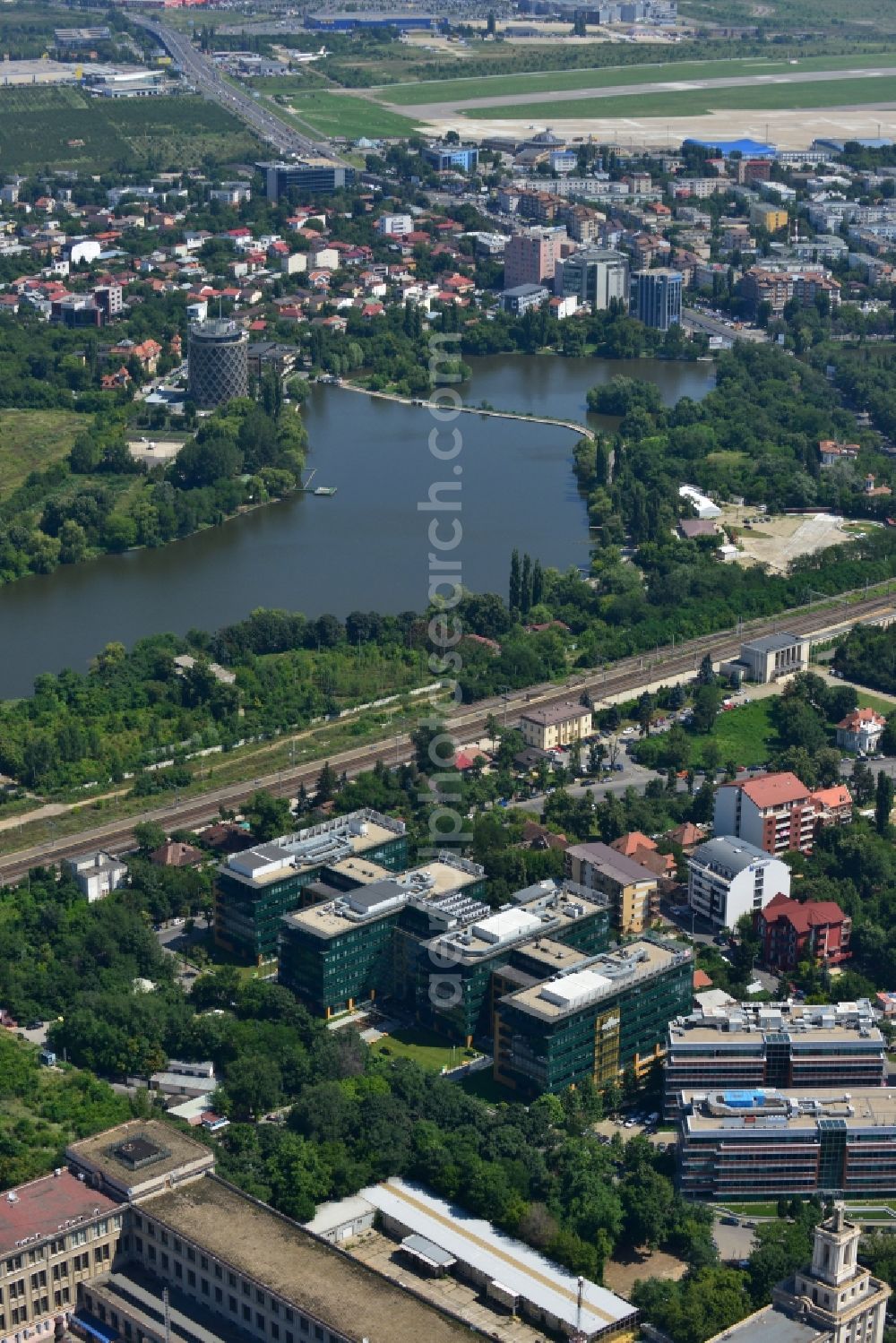 Aerial image Bukarest - View of the office and commercial building complex Victoria Business Park in Bucharest in Romania. It is anchored by the accounting firm KPMG. The property on the highway Bucuresti-Ploiesti soseaua is a project of IMMOFINANZ AG