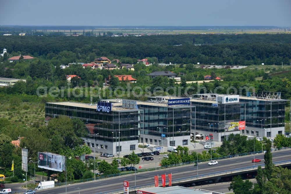 Bukarest from the bird's eye view: View of the office and commercial building complex Victoria Business Park in Bucharest in Romania. It is anchored by the accounting firm KPMG. The property on the highway Bucuresti-Ploiesti soseaua is a project of IMMOFINANZ AG