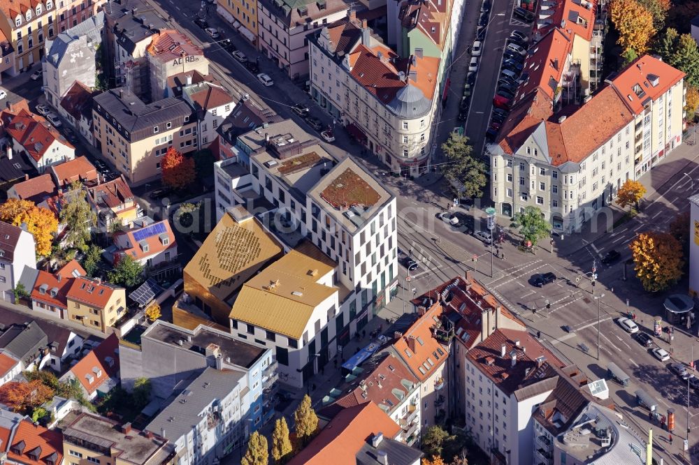 Aerial image München - Office building Tela 64 with striking golden roof on the corner of Ichostrasse Tegernseer Landstrasse in Munich Giesing in the state of Bavaria