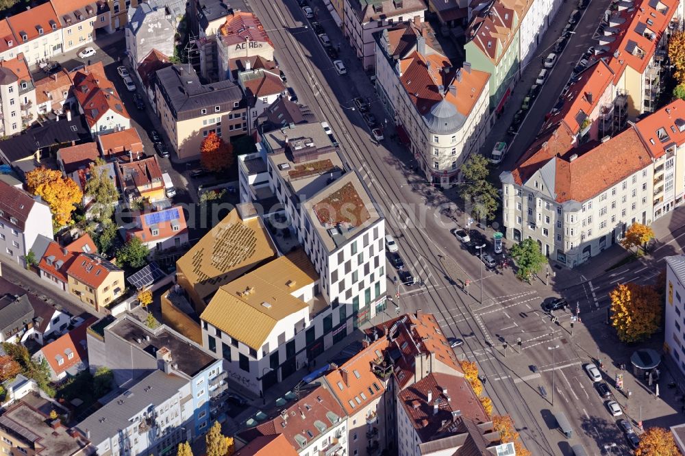 Aerial photograph München - Office building Tela 64 with striking golden roof on the corner of Ichostrasse Tegernseer Landstrasse in Munich Giesing in the state of Bavaria