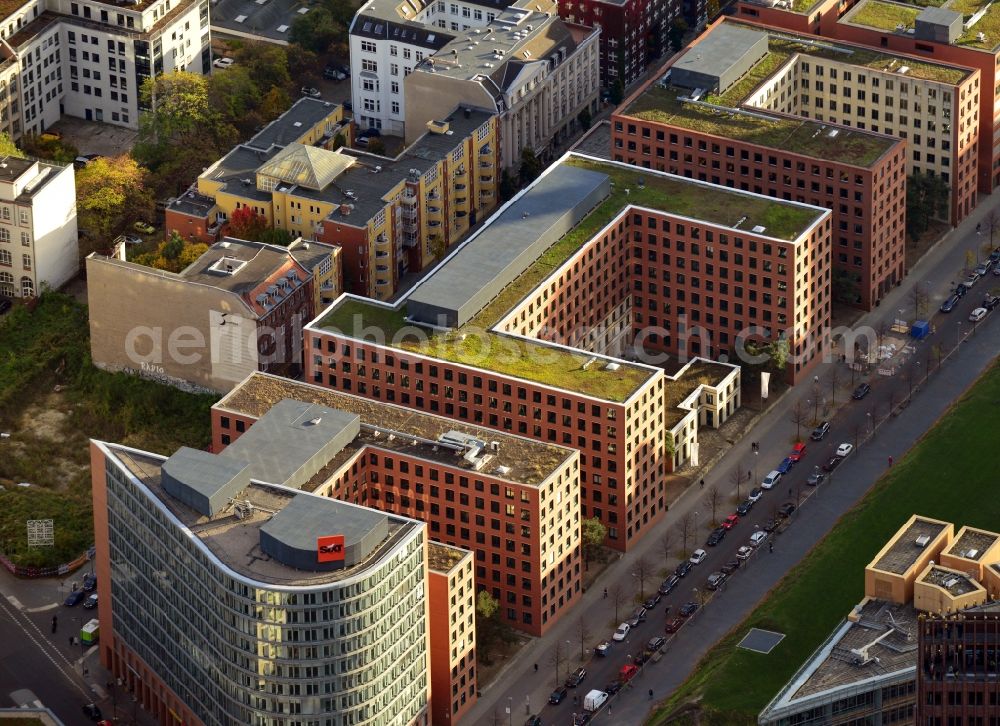 Berlin from above - View of the building ensemble Park Kolonnaden at Potsdamer Platz in the Tiergarten district of Berlin - Mitte. The buildings along Gabriele Tergit Promenade are owned by the HVB Estate AG and were designed to follow the city planning concept of Italien architect Giorgio Grassi