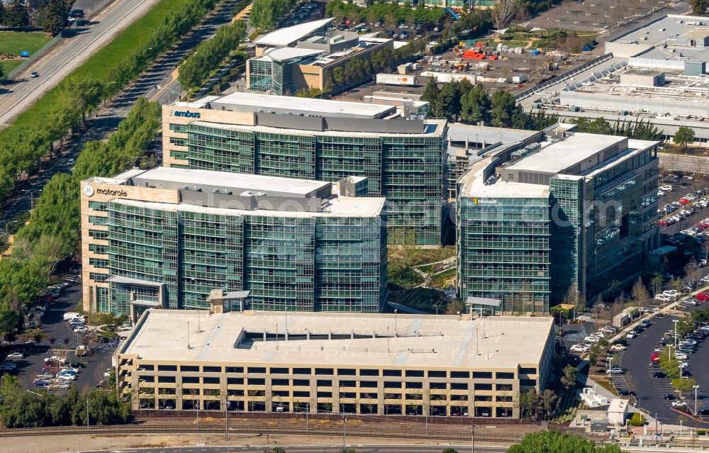 Aerial photograph Sunnyvale - Office building - complex Google Tech Corners with the headquarters of Motorola in Sunnyvale in Silicon Valley in California in the USA