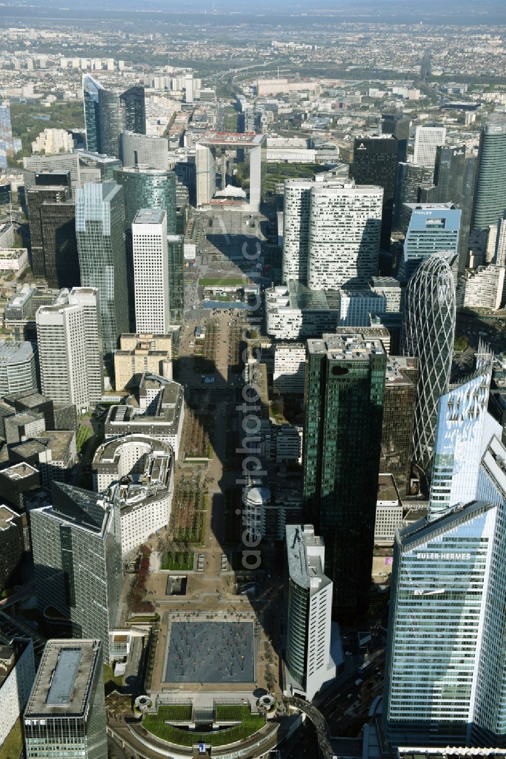 Aerial image Paris - Block of office and hotel highrise buildings in the quarter La Défense in Paris in Ile-de-France, France