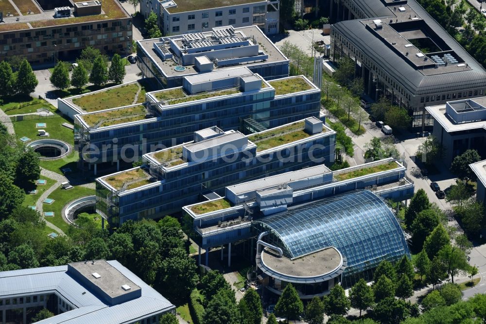 München from the bird's eye view: Office building - Ensemble on Leopoldstrasse - Karl-Weinmair-Strasse - Heinrich-Kley-Strasse in the district Milbertshofen-Am Hart in Munich in the state Bavaria, Germany