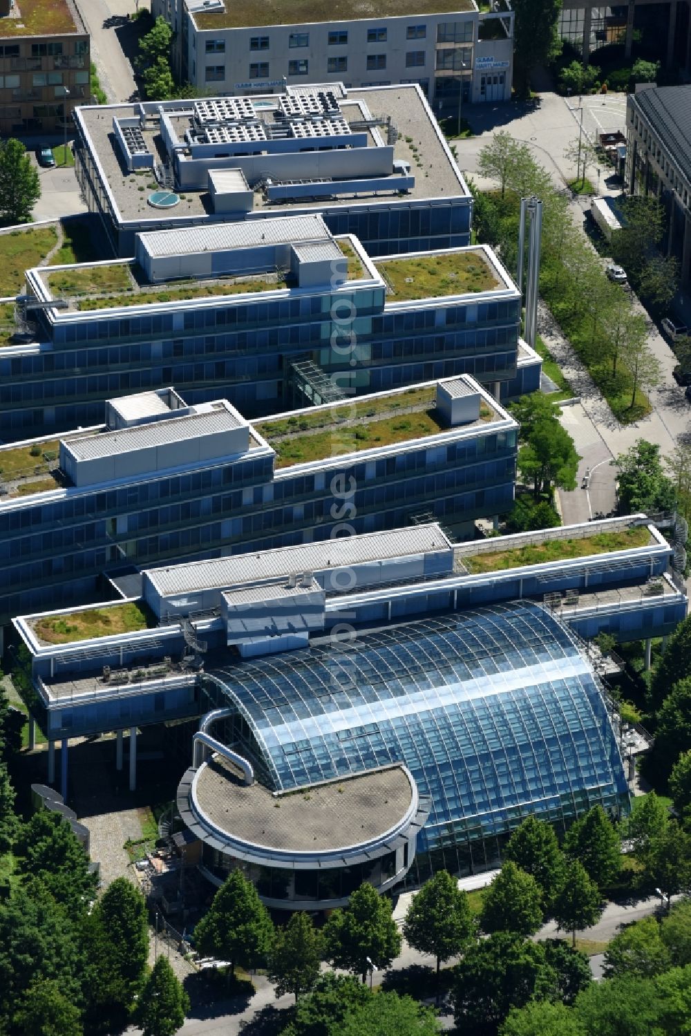 München from above - Office building - Ensemble on Leopoldstrasse - Karl-Weinmair-Strasse - Heinrich-Kley-Strasse in the district Milbertshofen-Am Hart in Munich in the state Bavaria, Germany