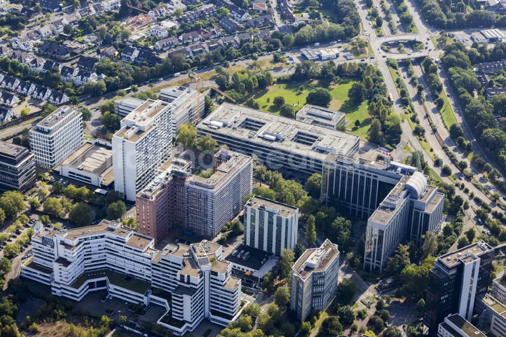 Lörick from above - Office and commercial building ensemble Am Seestern in the district of Loerick in Duesseldorf in the federal state of North Rhine-Westphalia, Germany