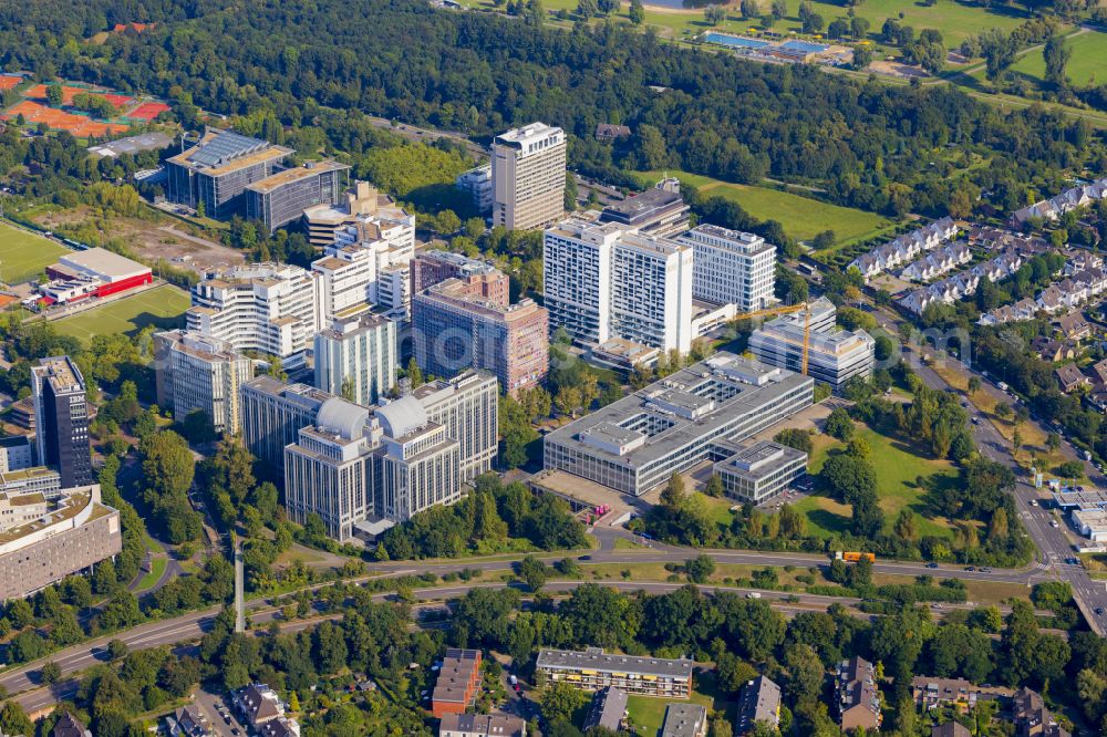 Lörick from above - Office and commercial building ensemble Am Seestern in the district of Loerick in Duesseldorf in the federal state of North Rhine-Westphalia, Germany