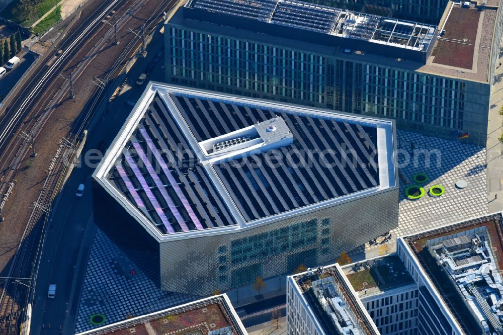 Berlin from the bird's eye view: Office building - Ensemble of the PricewaterhouseCoopers GmbH WPG , the Futurium gGmbH and the Anti-Discrimination Agency of the Federation in Berlin, Germany. The design for the PwC office building came from the architecture office KSP - Juergen Engel Architekten and was implemented by the project developer OVG Bischoff, while the museum building of Futurium gGmbH was designed by the Richter Musikowski GmbH