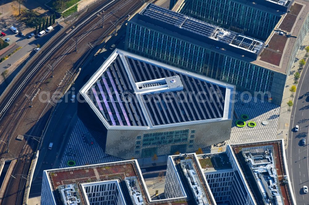 Aerial image Berlin - Office building - Ensemble of the PricewaterhouseCoopers GmbH WPG , the Futurium gGmbH and the Anti-Discrimination Agency of the Federation in Berlin, Germany. The design for the PwC office building came from the architecture office KSP - Juergen Engel Architekten and was implemented by the project developer OVG Bischoff, while the museum building of Futurium gGmbH was designed by the Richter Musikowski GmbH